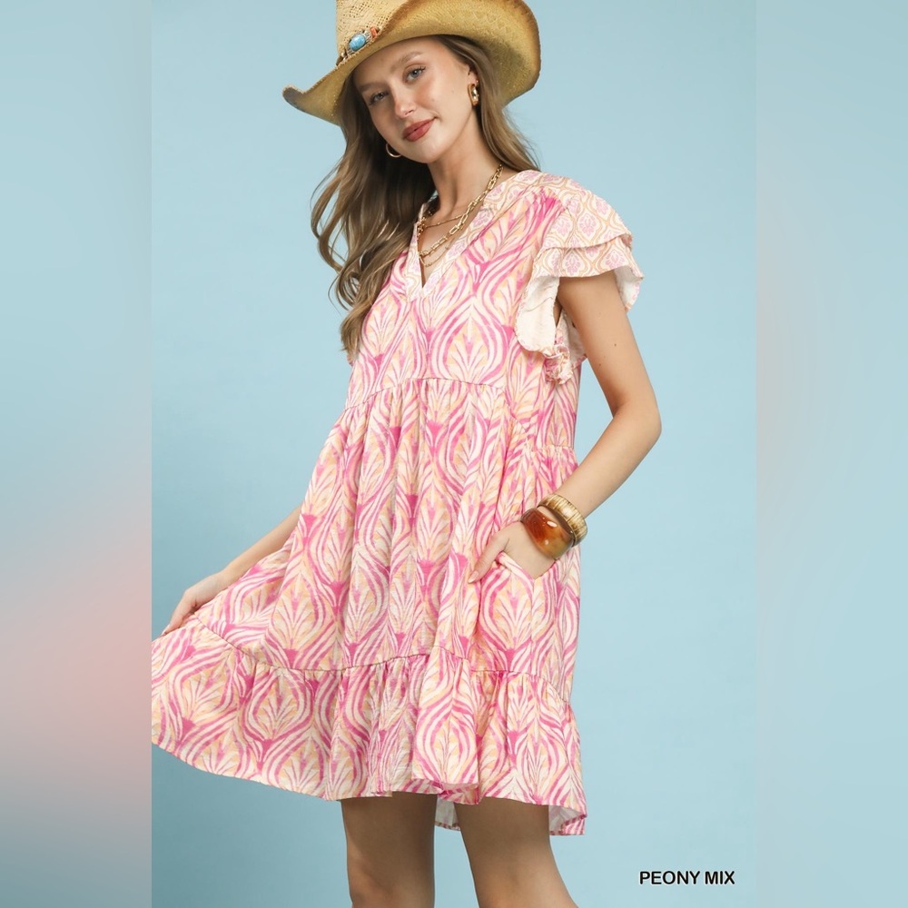Umgee Mix Printed Flutter Sleeve Dress - Picture 2 of 6